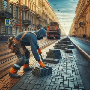 A worker laying pavement tiles on a street in Saint Petersburg